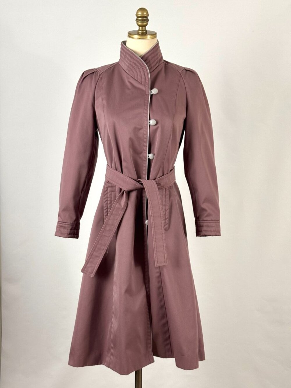 Vtg 70s Mauve Purple Trench Coat Tie Belt Puff Sleeves Cotton Blend Twill